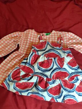 Duo- Girls Red Watermelon Print Dress & Pink/White Checkered Dress